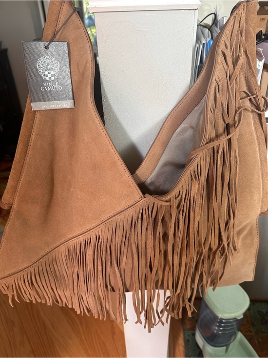 Vince Camuto Handbags - Vince Camuto Cognac Suede Fringe Hobo